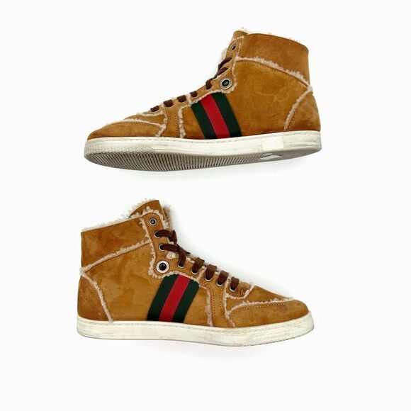 GUCCI Brown Suede Shearling Ace Sneakers Size 39 US 8.5 High Top Web Stripe Fur - Picture 7 of 11